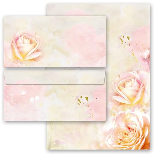 20 st. Komplett motiv brevpapper set ros blommor 10 ark brevpapper + 10 matchande kuvert DIN lång fönsterlös
