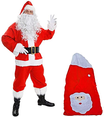I LOVE FANCY DRESS Ltd Men’s Santa Costume - 11-Piece Father Christmas Costume Incl. Jacket, Trousers, Hat, Wig, Beard, Eyebrows, Glasses, Gloves, Boot Covers, Belt & Santa Sack. Size: X-Large