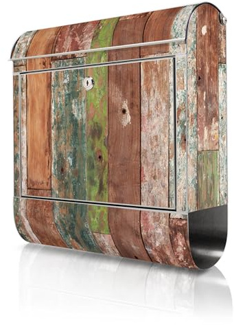 banjado Briefkasten Edelstahl 38x43x12cm & 2 Schlüssel - rostfreier Edelstahl Briefkasten mit Zeitungsfach - Postkasten A4 Einwurf inkl. Montagematerial - Motiv Buntes Holz