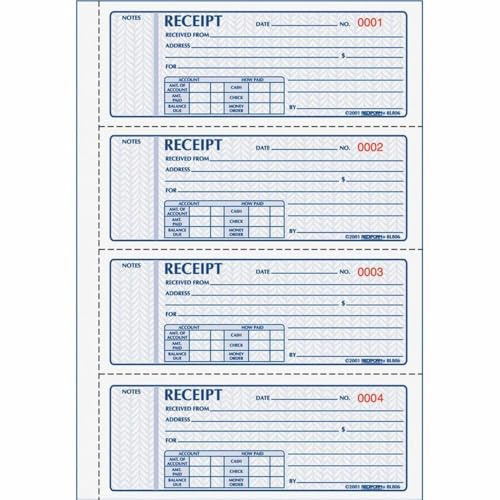 Rediform® Money Receipt Book, Carbonless, 400 Numbered Duplicates, 4/Page, 11 x 7.625 (RED8L816) (8L816)