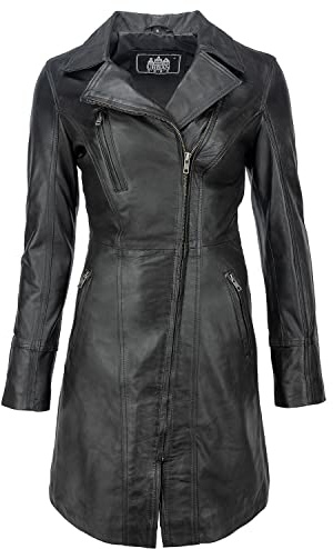 URBAN 5884 Janice Ladies | Blouson en Cuir pour Femme | Élégante Veste en Peau d'agneau Douce, Modèle Long | Noir | 3XL