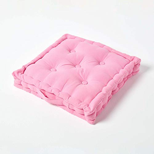HOMESCAPES Luxury Floor Cushion Plain 100% Cotton Pink 40 x 40 x 8cm, Booster Cushion Seat Chair Pad Dining Thick & Plush Garden Floor Pillow for Kids Elderly Pets Indoor Outdoor Use