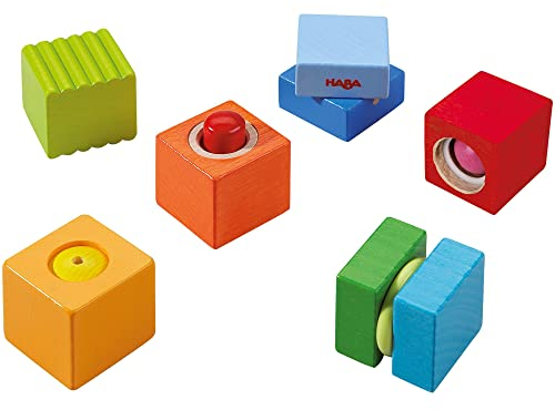 HABA 7628 - Entdeckersteine Klangspaß, Robustes Holzspielzeug und Lernspiel ab 1 Jahr, 6 farbenfrohe Bauklötze mit unterschiedlichen akustischen Effekten