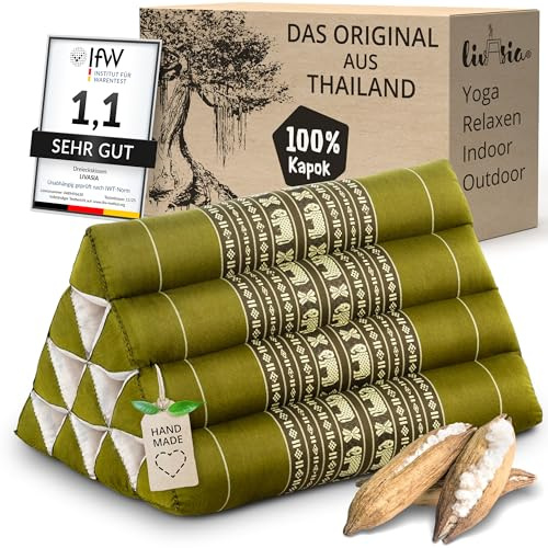 livasia Rückenstützkissen mit Muster - 30x50x30cm - Dreieckskissen für den Garten, Keilkissen mit Kapok, vegan und handgefertigt, Meditationskissen (Grün/Elefanten)