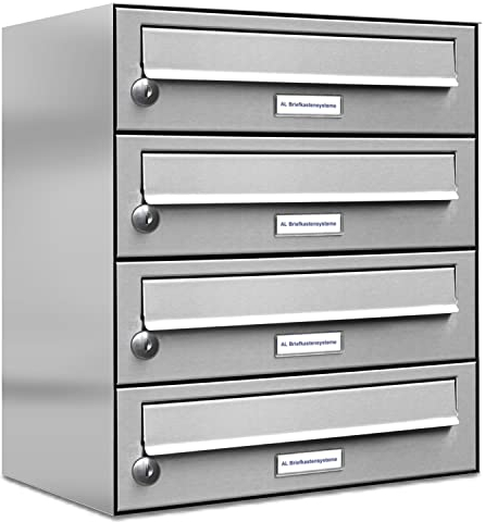 AL Briefkastensysteme 4er Briefkastenanlage Edelstahl, Premium Briefkasten DIN A4, 4 Fach Postkasten modern Aufputz