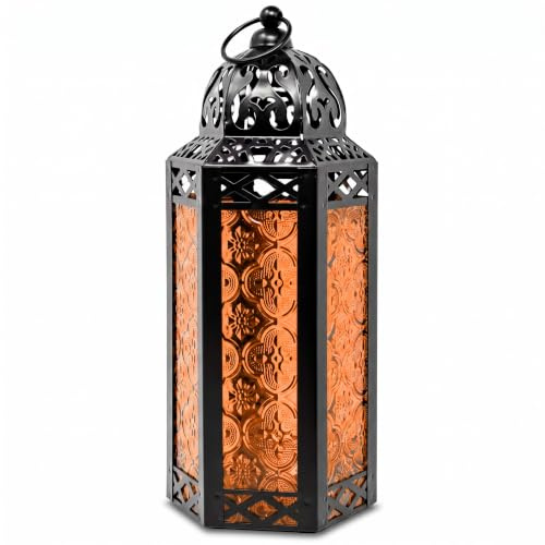 Vela Lanterns Marokkanische Lampenlaterne, dekorativer Kerzenhalter für Innen- und Außenbereich, Heimdekoration, Halloween, Terrasse, Hochzeiten, schwarzes Metall, bernsteinfarbenes Glas, mittelgroß