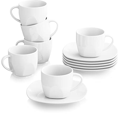 MALACASA, Serie Elisa, 12 Pezzi di Servizio da Tavola in Porcellana Servizio da Tavola 6 Tazze da Caffè 6 Piattini, Bianco per 6 persone