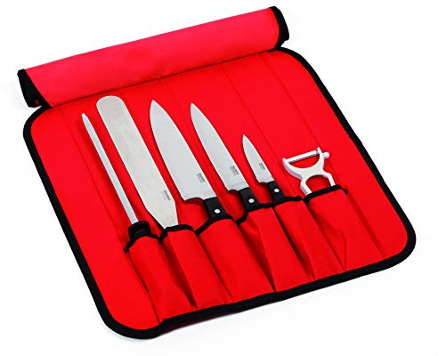 Kelomat Funda para cuchillos, maletín de cuchillos, funda enrollable, 6 piezas, rellena: cuchillo de cocina de 18 cm, cuchillo de chef de 20 cm, afilador, paleta, cuchillo de brocha, pelador