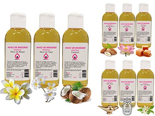 Set mit 9 pflanzlichen Massage-ölen – Komplettset, 9 Flaschen, 100 ml, parfümiert, Monoï-Blüte, Tiare-Blüte, Kokosnuss, Süße Mandel, Lotusblüte, Orangenblüte, 1001 Nächte, Orientalisch, Karamell