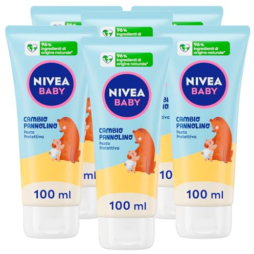 Nivea Baby Pasta Protettiva Emolliente per Cambio Pannolino Formula Ipoallergenica con Latte di Mandorla e Vitamine Azione Lenitiva Calmante Contro Rossori - 6 Flaconi da 100ml