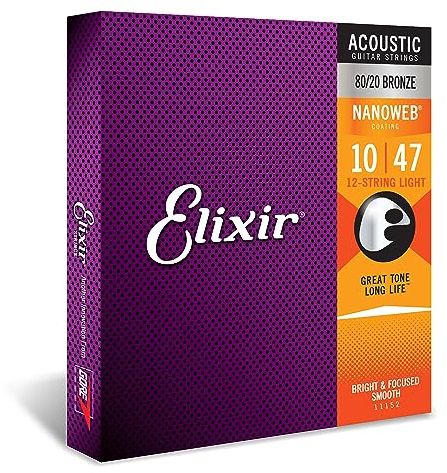 Elixir® 11152 Saiten 80/20 Bronze 12-saiter Akustik-Gitarrensaiten mit NANOWEB® Beschichtung, Light (.010-.047)