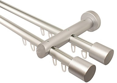 Innenlauf Gardinenstange 2-läufig aus Aluminium und Holz alu silber, 20 mm, Endstück Kappe, 240 cm (2 x 120 cm)