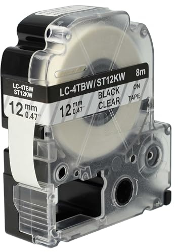 vhbw Schriftband-Kassette kompatibel mit Epson LabelWorks LW-1000P | LW-600P Etiketten-Drucker 8m x 12mm Schwarz auf Transparent