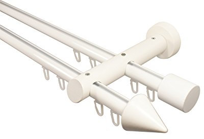 Innenlauf Gardinenstange 2-läufig aus Aluminium und Holz weiß, 20 mm, Endstück Kegel, 160 cm