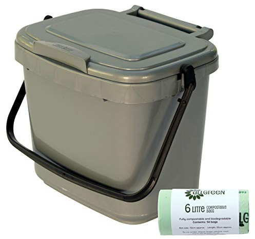 Silver Grey Kitchen Compost Caddy (5L - Small) & 50x 6L Compostable Bags - for Food Waste Recycling (5 Litre) - 5L Plastic Composting Bin