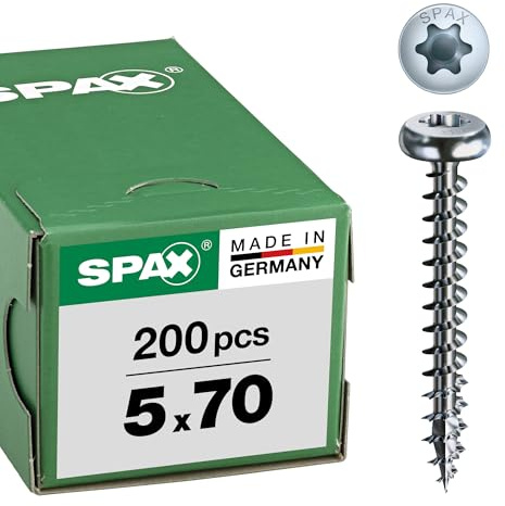SPAX Universalschraube, 5,0 x 70 mm, 200 Stück, T-STAR plus, Halbrundkopf, Vollgewinde, 4CUT, WIROX A9J, blank verzinkt, 0201010500705