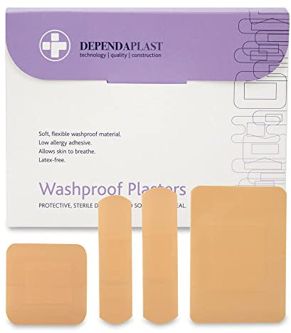Dependaplast Washproof Plasters Assorted, Flexible PU Plastic Film, Secure Adhesive, Breathable, Waterproof - Box of 100