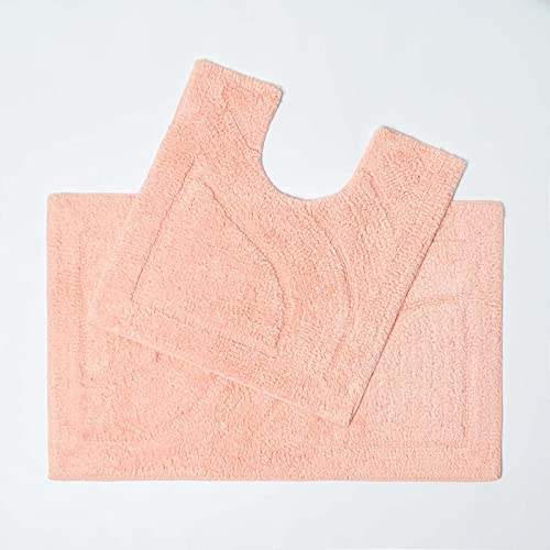 HOMESCAPES Bath Mat Set, Luxury 1600gsm Extra Soft 100% Cotton, Reversible Bathroom Mat Sets 2 Piece, Washable, Non-Slip, Super Absorbent, Quick-Dry, Peach Bathroom Rug with Toilet Rug