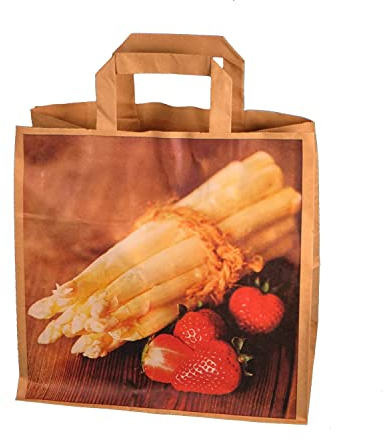 250 Papiertragetaschen Papiertüten Tragetaschen aus Papier für Spargel mit Spargelmotiv braun nassfest 26+17x25cm 80g/m² - Inkl. VerpackG in D