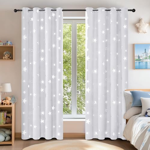 Deconovo Tende Oscuranti Termiche Isolanti con Stelle Stampate per Soggiorno e Camera da Letto Moderne Interni 2 Pezzi con Occhielli, 117x138 CM, Grigio Perla