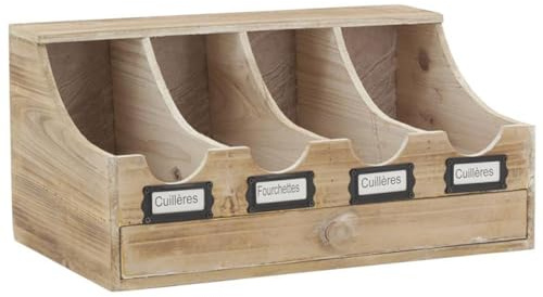 AUBRY GASPARD - Range-Couverts Brasserie Bois Vieilli - 4 Compartiments + 1 Tiroir - Étiquettes de Tri - 40x25x20 cm - Organisation Cuisine - Poids 3 kg
