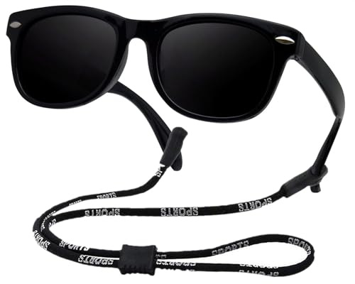 COOLSOME Kids Flexible Polarized Sunglasses for Boys Girls Age 3-10 with Straps (Black)