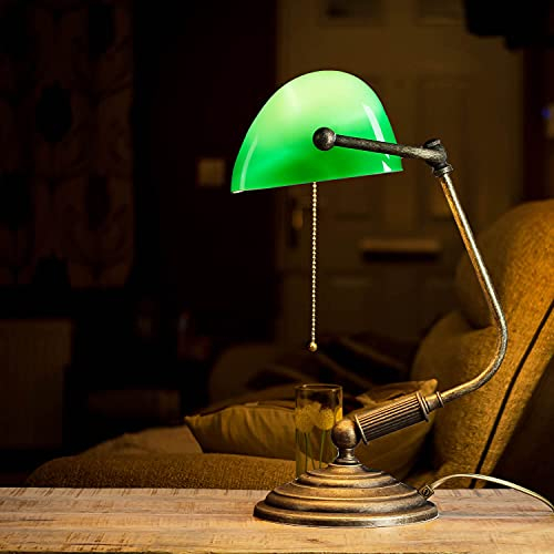 Lampada da banchiere premium vero ottone vetro in bronzo antico verde opaco ufficio A: 37,5 cm E27 interruttore a tirante Lampada da tavolo Art Nouveau da studio