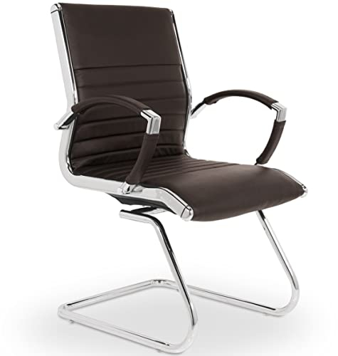 VERSEE Premium Echt-Leder Besucherstuhl Montreal in Braun mit Armlehne - Freischwinger mit Chrom für Büro und Konferenzräume - Belastbar bis 150kg