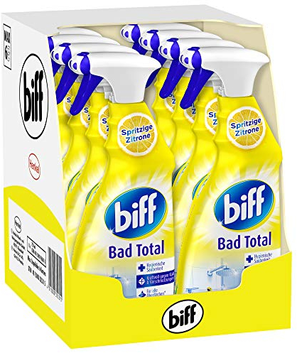 Biff Bad Total Spritzige Zitrone, Badreiniger, 8 x 750 ml, Sprühflasche, für alle Oberflächen und hygienische Sauberkeit