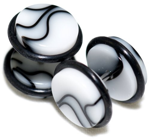 White Marble Acrylic Fake Cheaters Faux Illusion Plugs 1/2 inch 12mm 1 Pair Largest