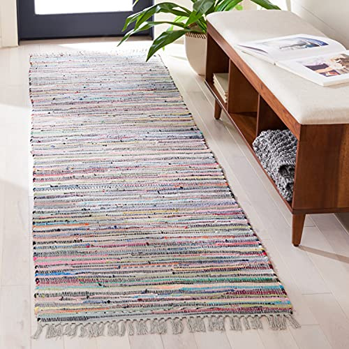 SAFAVIEH Rag Rug Collection Runner Rug - 2'3 x 8', Grey & Multi, Handmade Boho Stripe Cotton, Ideal for High Traffic Areas in Living Room, Bedroom (RAR121M)