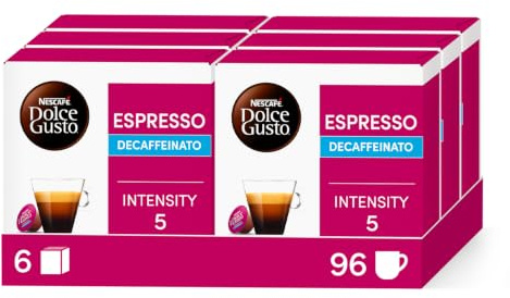 NESCAFÉ Dolce Gusto Espresso Decaffeinato, 96 Capsules de Café, 6 x 16 | Café Capsules , Compatible avec Toutes les Machines à Café DG hors NEO , Espresso décaféiné aux notes fruitées