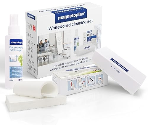 magnetoplan 12299M Reinigungsset für weiße Tafeln Reinigungsset | Inkl. Pumpspray Whiteboard-Reiniger, Tafellöscher und Löschpapier | Perfekt für Büro, Schule und Seminar