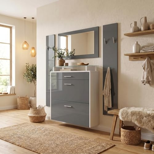 Vladon Garderobe Malea, Garderobenset bestehend aus 1 Hängeschuhschrank, 1 Wandspiegel und 2 Garderobenpaneele, Weiß matt/Grau Hochglanz