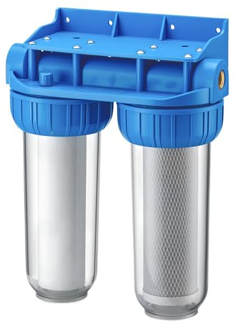 Naturewater NW-BR10B3 Tvåstegs vattenfilter dubbelfilter, 5 µ, 20,67 mm (1/2), Ø62 mm PP patron, filter väggfäste, filternyckel, sedimentfilter aktivt kol för rent dricksvatten