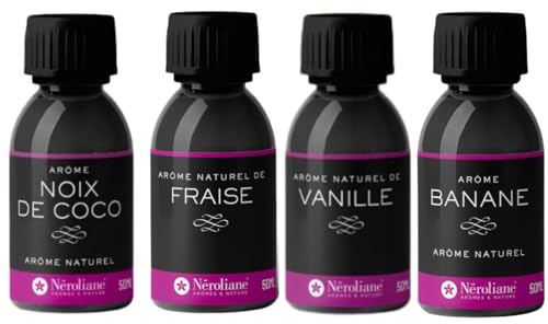 NEROLIANE – Lot 4 Arômes Naturels 50ml : Fraise, Vanille, Banane, Noix de Coco – Yaourts, Pâtisseries, Boissons, Glaces – Vegan – Sans Alcool – Fabriqué en France – Qualité Professionnelle