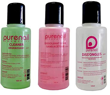 Purenail | 3 SOLVANTS (3X100ml) ONGLES avec 1 Nail Cleaner Dégraissant 100ml+ 1 Diss'Ongle acetone 100 ml + 1 Dissolvant sans acétone 100 ml pour ongles et Faux Ongles,