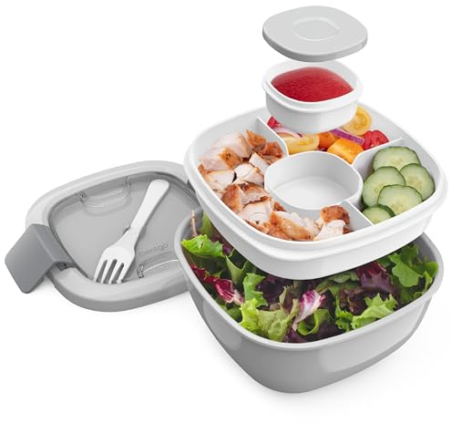 Bentgo Salad Container - 54 oz Bowl with 4-Compartment Toppings Tray, Leak-Proof Dressing Container, Reusable Fork, BPA-Free Lunch Box for Meal Prep & Food Storage; Removable Bento Tray (Gray)
