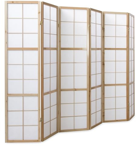 Homestyle4u Paravent Raumteiler 6 teilig Holz Natur 175 cm Innen Trennwand Reispapier Weiß