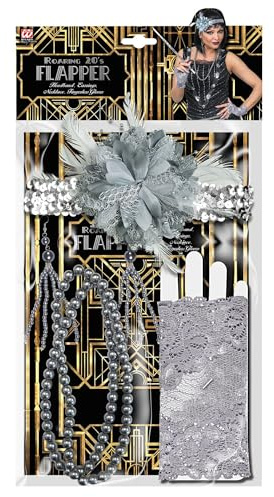 W WIDMANN MILANO Party Fashion - 20er Jahre Flapper Verkleidungsset | Paillettenstirnband, Perlenohrringe, Perlenkette, fingerlose Handschuhe, Accessoires für Karneval und Mottoparty