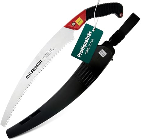BERGER Astsäge mit Schutzköcher 64850 | 33 cm Handsäge Holz | Mit Tasche | Gebogenes Hochleistungssägeblatt | Grobe Zahnung für weiches Holz | Baumsäge für Garten & Forst