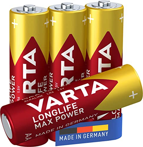 VARTA Pilas AA, paquete de 4, Longlife Max Power, Alcalinas, 1,5V, aptas para cámaras digitales, controladores, monitores de presión arterial, Made in Germany