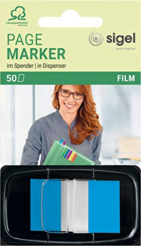 SIGEL HN492 Haftmarker im Spender, blau 50 Streifen im Format 25 x 43 mm | HN492, film transparent, distributeur Z, 50 feuilles, Color-Tip bleu