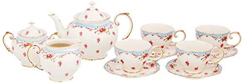 Gracie China by Coastline Imports Vintage Blue Rose Porcelain 11-Piece Tea Set, Blue