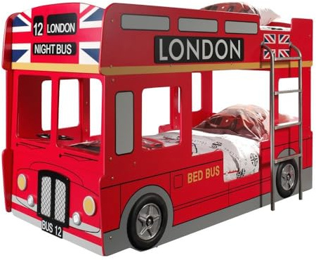 VIPACK SCBBLB Autobett London Bus Etagenbett, Circa 215 x 132 x 100 cm, 2 Liegeflächen 90 x 200 cm, lackiert aufgedruckte London-Bus Optik, rot