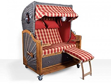 Polyrattan Strandkorb Kampen Spezial 2-Sitzer Mocca Duo (hell) Teak Teakholz