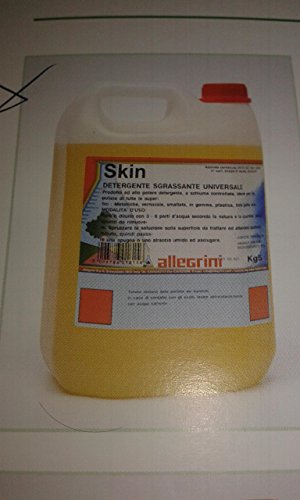 SKIN DETERGENTE UNIVERSALE TANICA 5 KG ALLEGRINI Detergente liquido di colore giallo paglierino a bassa viscosità e di gradevole profumo agrumato. Prodotto ad alto potere detergente, a schiuma controllata, capace di eliminare qualsiasi macchia, anche la più ostinata da superfici in plastica, gomma, finta pelle, superfici dure, verniciate, metalli, ecc.