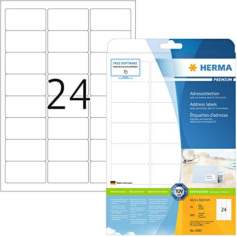 HERMA 4500 Adressetiketten, 25 Blatt, 63,5 x 33,9 mm, 24 pro A4 Bogen, 600 Stück, selbstklebend, bedruckbar, matt, blanko Papier Adressaufkleber Etiketten, weiß