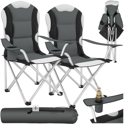 tectake® Sedia da Campeggio Pieghevole, Comoda Imbottitura, Sedia Relax con Tessuto a Rete per Ventilazione, Bracciolo con Porta Bevande Incorporato, Pratica Borsa Inclusa - Grigio
