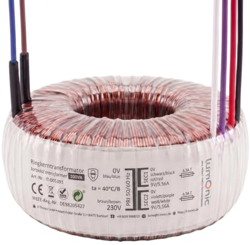 Lumonic trasformatore toroidale 100VA 2x9V per sistemi audio, industriali, alogeni e a binario - tensione di ingresso 230V - tensione secondaria 18V - modello RSO-826025